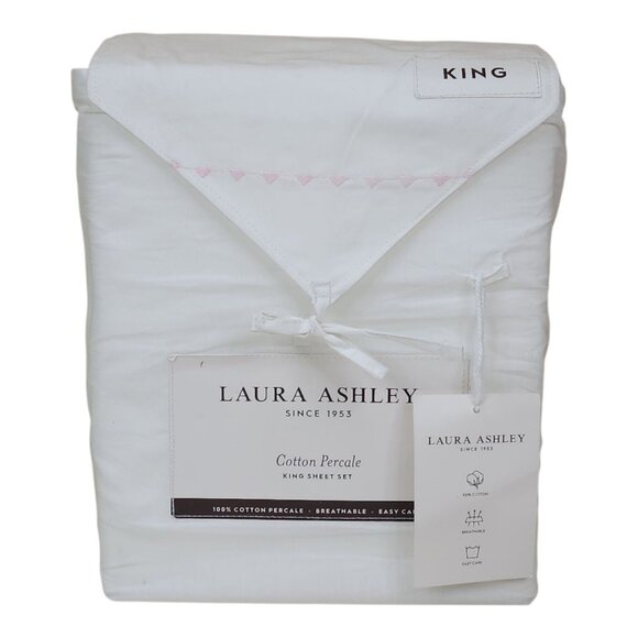 Laura Ashley King Cotton Percale Sheet Set White Embroidered Pink Hearts - Picture 1 of 5